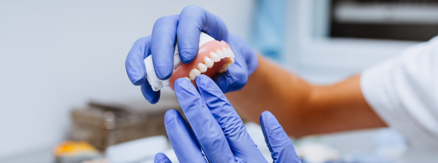 Eine Zahnärztin hält ein Modell vom oberen Teil eines Gebisses.