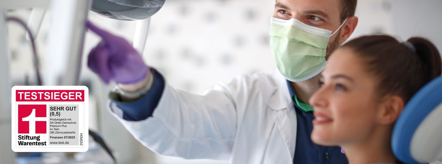 Eine Patientin bei der Behandlung mit einem Zahnarzt. Außerdem ist die Stiftung Warentest Testsieger Auszeichnung zu sehen.