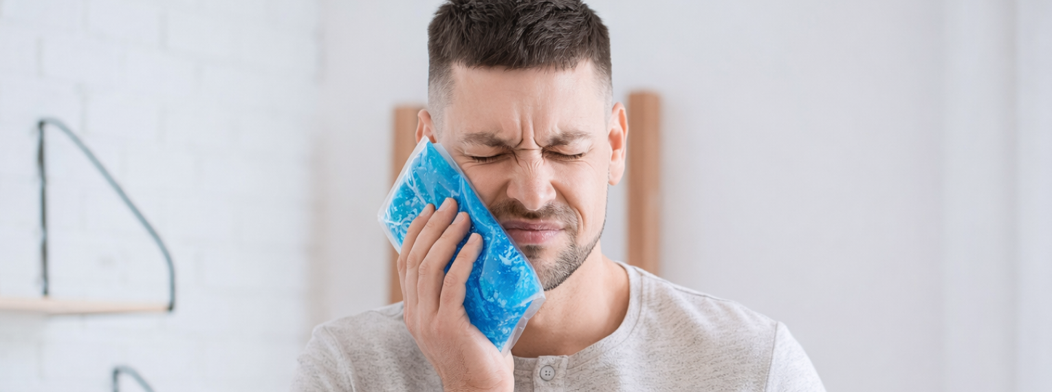 Ein Patient mit Zahnschmerzen hält sich einen Kühlbeutel an die Wange.